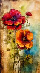 Vintage background with flowers on grunge textured paper