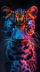 Portrait of a leopard on a black background in neon light