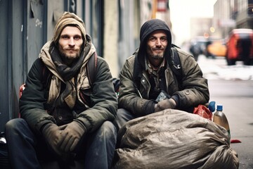 Fototapeta premium Two homeless men sitting in dirty city street