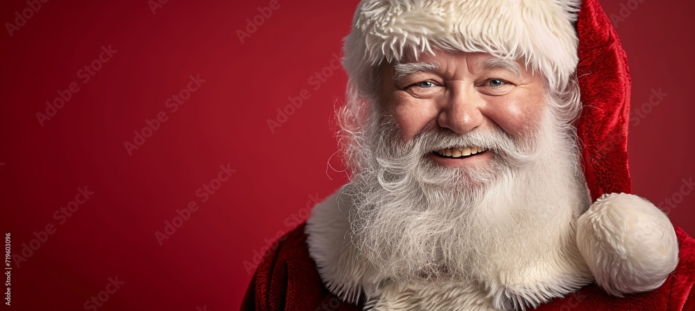 Poster jolly santa claus with red background and copy space for text placement, isolated on red