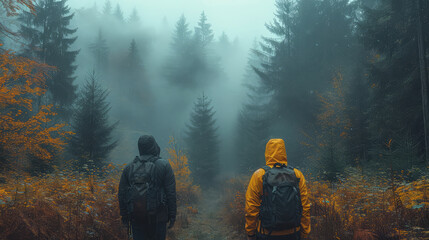 Hikers Exploring Misty Autumn Forest