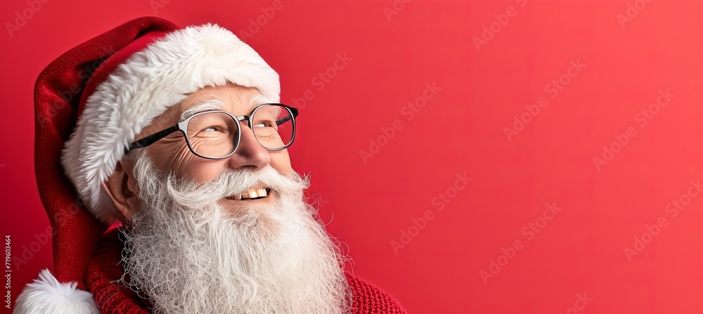 Poster crazy santa claus with red background, isolated on red with copy space for text placement