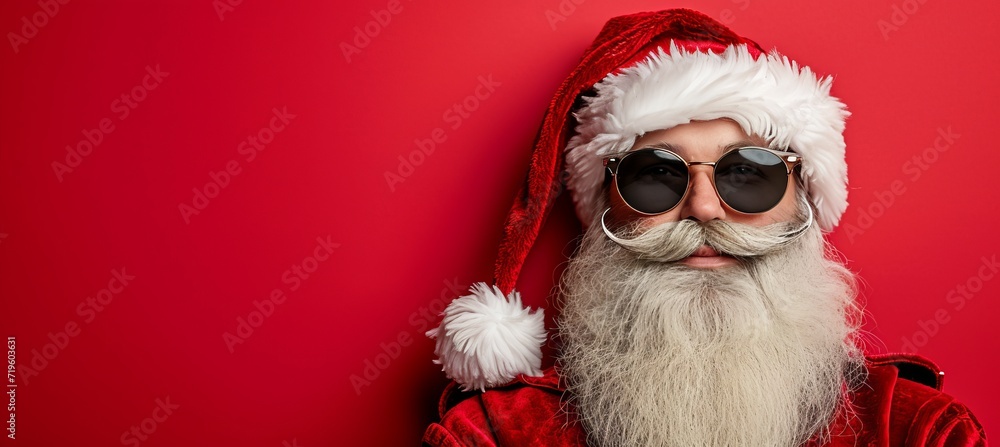 Poster energetic and playful santa claus on red background with copy space for text placement
