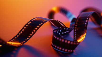 Close-up of a spiral of cinematic film reel illuminated with purple and orange lighting