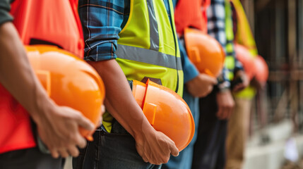 Close-up of a row of construction workers holding their yellow and orange safety helmets - obrazy, fototapety, plakaty