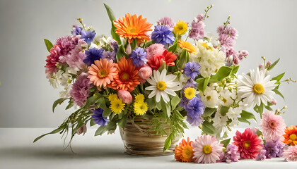 Obraz na płótnie Canvas Colorful Flowers on White Background, Flower Bouquet and Arrangements for Shops, a vase filled with lots of different colored flowers, Colorful chamomile flowers in a flower vase