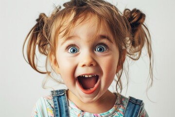 Portrait of cute surprised little girl with wide eyes and mouth