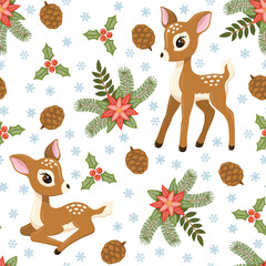 Seamless pattern with cute baby deers, snowflakes and Christmas plants. Vector illustration.
