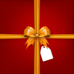 Red square banner with realistic 3d golden bow knot with crossed ribbons and paper label tag in the center. Crisscross tied yellow bow with tape as gift box wrapping or present decor for holidays
