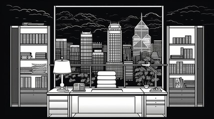Black and White Drawing of a Desk in a Room