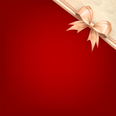 Red square banner with beige realistic 3d bow and copy space for text. Silk beige bow in the corner with ribbon and soft golden frame for greeting card or gift box wrapping with empty place