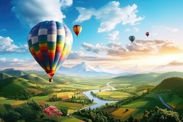 Fototapeta na wymiar Colorful hot air balloons flying over mountain