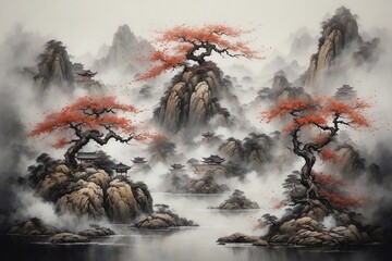 chinese art of forest in mountains with traditional motifs in red and black colors