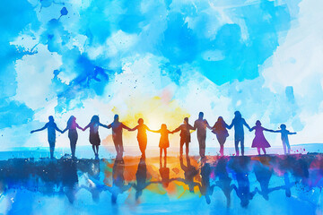 fantastic watercolor illustration of a group of people holding hands in a circle