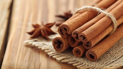 Close-Up View of Cinnamon Sticks Tied Together on a Rustic Wooden Surface
