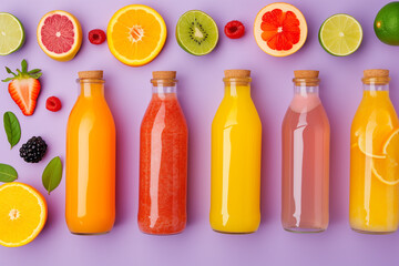 Citrus fruit juices, fresh and smoothies, food background, top view. Mix of different whole and cut...