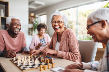 Multiracial seniors having fun during chess in geriatric clinic or nursing home - obrazy, fototapety, plakaty