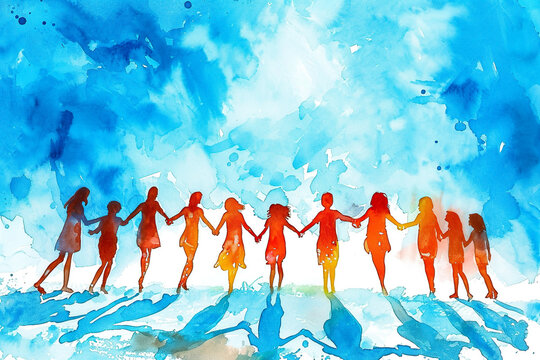 fantastic watercolor illustration of a group of people holding hands in a circle