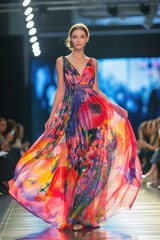 Elegant Model Showcasing a Floral Evening Gown on Fashion Show Runway