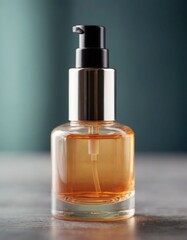 Naklejka premium Luxury amber glass skincare bottle with pump on teal background 