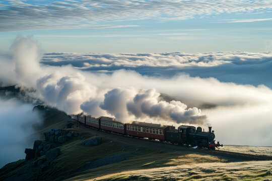 Old steam train with lot of smoke going from his chimney. railroad on the outskirts of the city. a lot of white smoke escapes from the locomotive chimney. Old steam train with lot of smoke going 