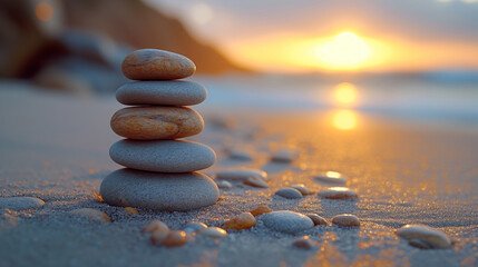 Fototapeta na wymiar Zen stones on the beach at sunset, concept of balance and harmony