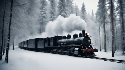 steam train in the snow  A steam train that expels white smoke as it cruises through a frosty forest. The train is black   - obrazy, fototapety, plakaty