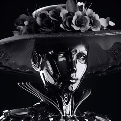 Obraz premium Beautiful black cyborg girl in an elegant hat with cybernetic implants portrait created using artificial intelligence