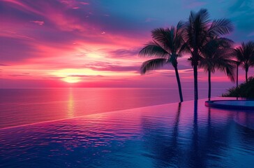 an infinity pool next to palm trees at sunset