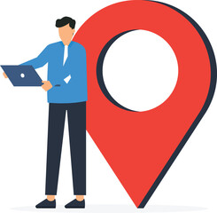 Remote job or distance work and virtual office or working anywhere, Freelancer or online office and oversea employee, Businessman working remotely with computer laptop on location map pin concept,
