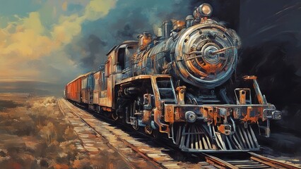 old steam locomotive painting of a train dynamic colors  - obrazy, fototapety, plakaty