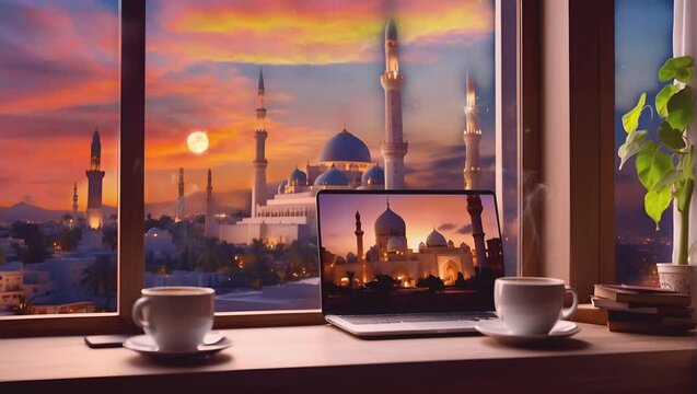 cup of coffee and laptop by the living room window and a beautiful view of the mosque with ramadan background. Seamless looping 4k time-lapse virtual video animation background See Less
