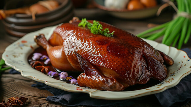 Chinese roasted duck is served on a plate on a wooden background. Generative AI
