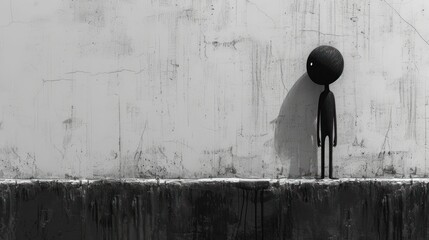  a black and white photo of a person casting a shadow on a wall with a sculpture of a man's head on the side of a concrete block of a wall. - obrazy, fototapety, plakaty