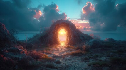  a path leading to a light at the end of a tunnel in the middle of a desert with a sky filled with clouds and a bright light at the end.