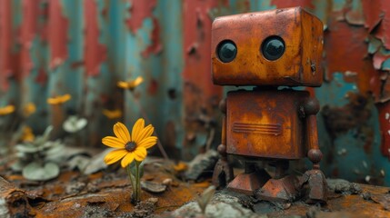  a rusted metal robot with a yellow flower in front of a rusted metal wall with a flower in the foreground and a single yellow flower in the foreground.
