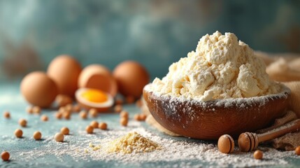  a wooden bowl filled with powdered sugar next to eggs and a wooden spoon filled with powdered sugar next to eggs and a wooden spoon on a blue surface. - obrazy, fototapety, plakaty