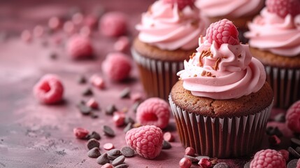  a group of cupcakes with pink frosting and raspberries on a pink surface with chocolate chips and raspberries scattered around the cupcakes.