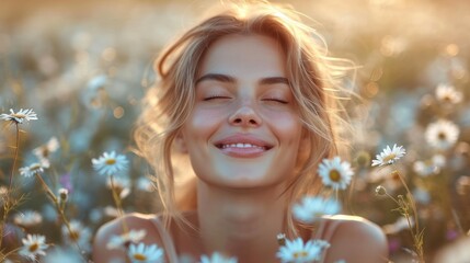 Fototapeta premium a woman smiles as she stands in a field of daisies with her eyes closed and her hair blowing in the wind and her eyes closed and her eyes closed.
