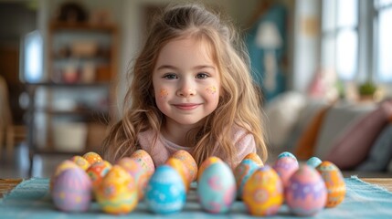Fototapeta na wymiar a little girl sitting in front of a bunch of painted eggs on top of a blue tablecloth with a girl in the background looking at the camera and smiling at the camera.