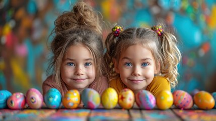 Fototapeta na wymiar two little girls standing next to each other in front of a row of painted eggs on a table with a backdrop of multicolored eggs in the shape of a row.