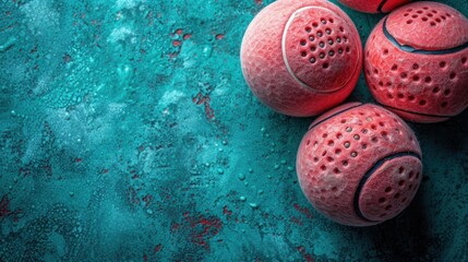  a group of three red balls sitting on top of a blue surface next to a pair of tennis racquets on top of each of a tennis ball. - obrazy, fototapety, plakaty