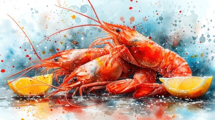  a painting of a lobster with lemons and a slice of lemon on a blue and red watercolor background with splashes of paint on the bottom of the image.