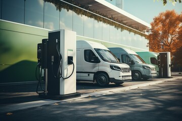 Electric vehicles charging station on a background of a row of vans - 719607872