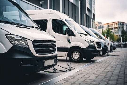 Electric vehicles charging station on a background of a row of vans