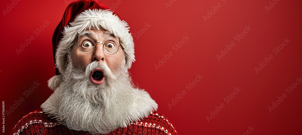 Poster startled santa claus with a shocked expression on a red background, perfect for text placement