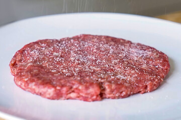 Cooking burger beef patty on plate close up. Preparing burger, homemade. Grocery product advertising, menu.