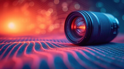 a close up of a camera lens on a table with a bright light in the background and a blurry image of a lens in the foreground of the lens. - obrazy, fototapety, plakaty