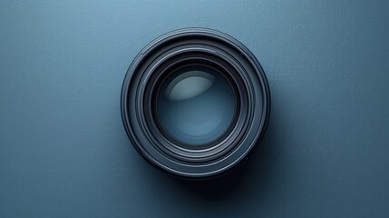  a close up of a camera lens mounted on a wall with a blurry image of a circular object in the center of the lens, with a blue background. - obrazy, fototapety, plakaty