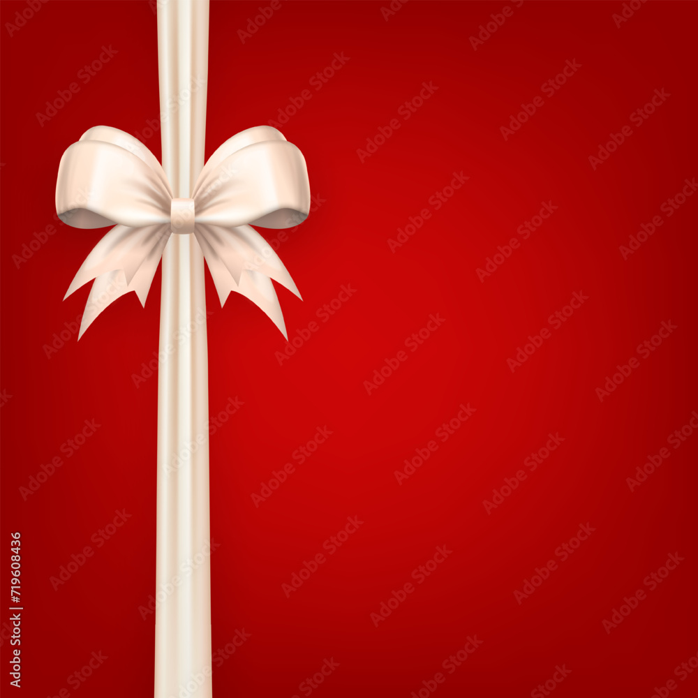 Wall mural square card wit realistic 3d beige bow with vertical silk ribbons on bright red background with copy